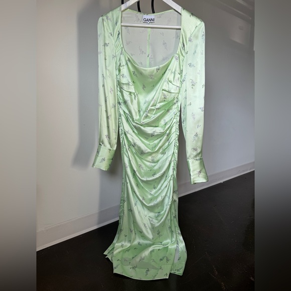 [Ganni] Green Silk Floral Print Dress - Picture 2 of 2